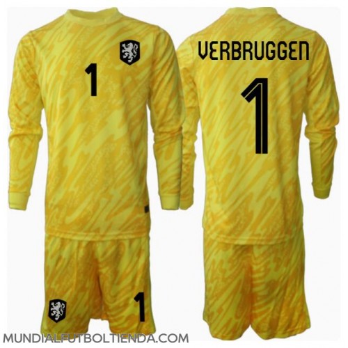 Camiseta Países Bajos Bart Verbruggen #1 Portero Segunda Equipación Replica Eurocopa 2024 para niños mangas largas (+ Pantalones cortos)